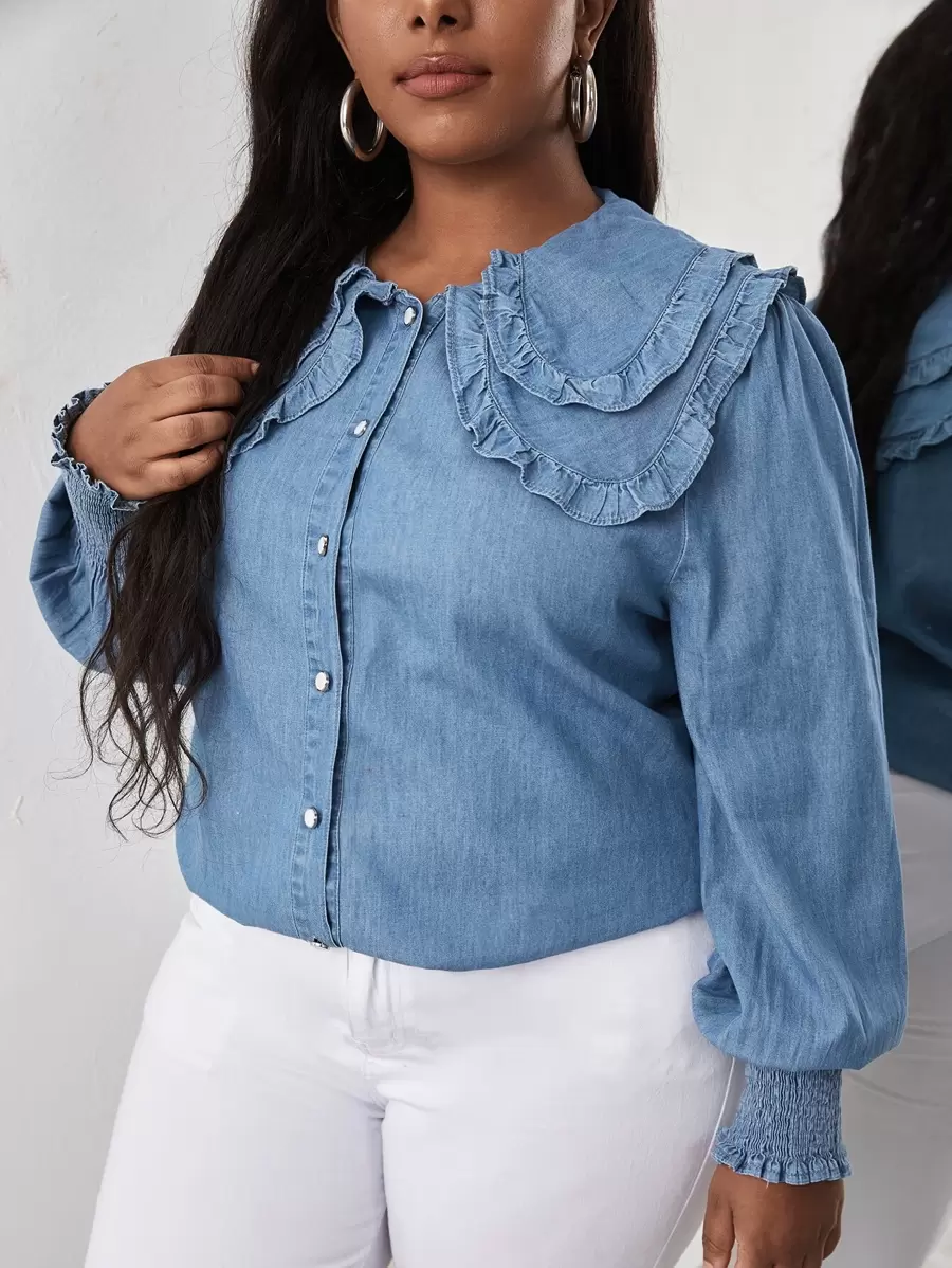 Top in denim collo pronunciato manica a lanterna