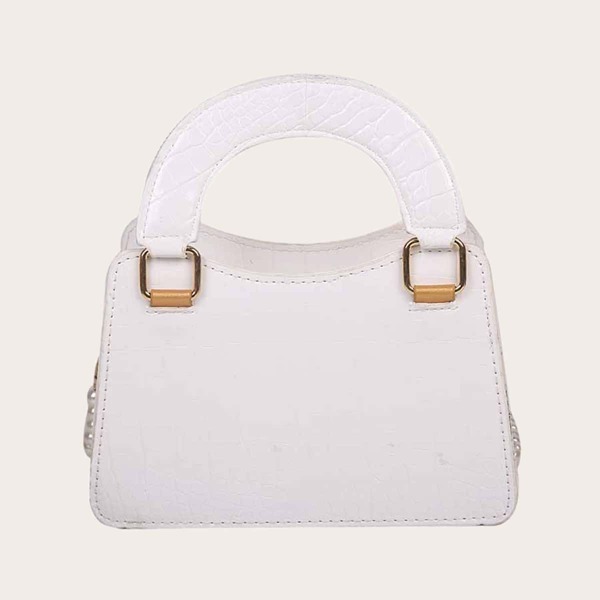 Croc Embossed Faux Pearl Decor Satchel Bag, White