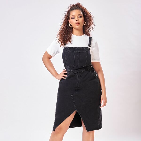 Plus Slit Hem Denim Overall Shorts Without Tee, Black