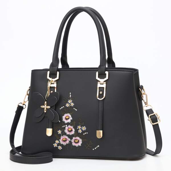 Floral Embroidery Shoulder Tote Bag, Black