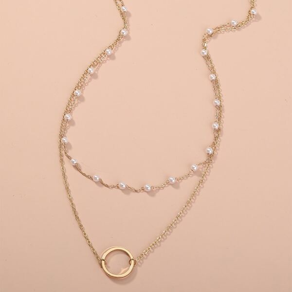 Ring Charm Faux Pearl Decor Layered Necklace, Gold