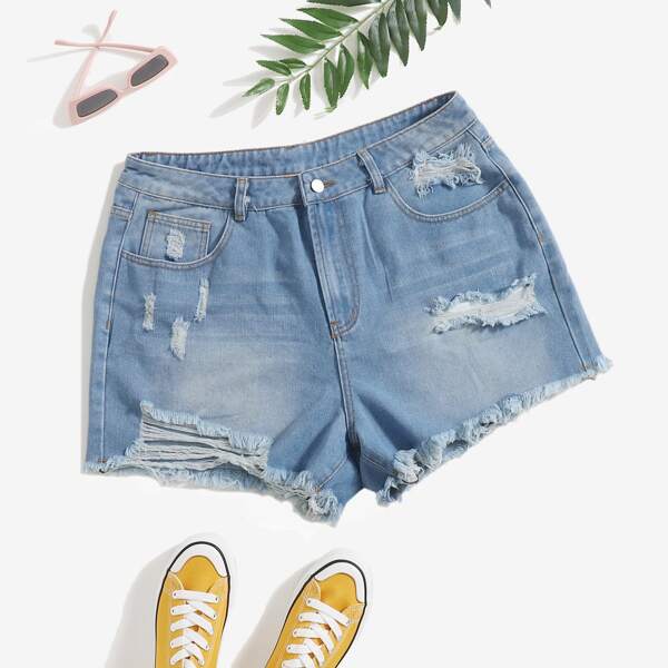 Plus Ripped Raw Hem Denim Shorts, Light wash