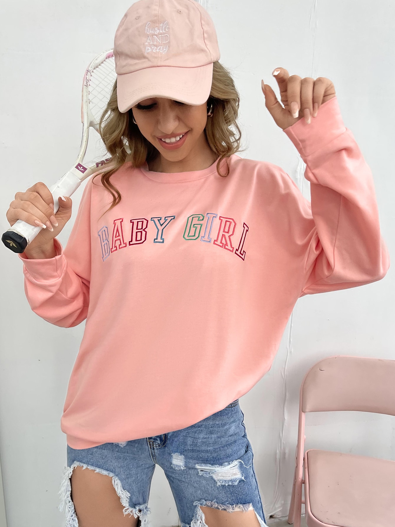 Butterfly and letter embroidered drop shoulder sweatshirt Clearance