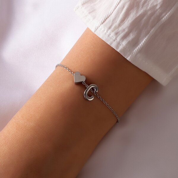 Heart & Letter Decor Bracelet, Silver