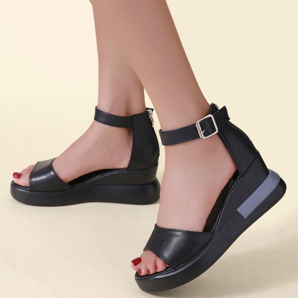 Minimalist Ankle Strap Flatform Wedges, Black
