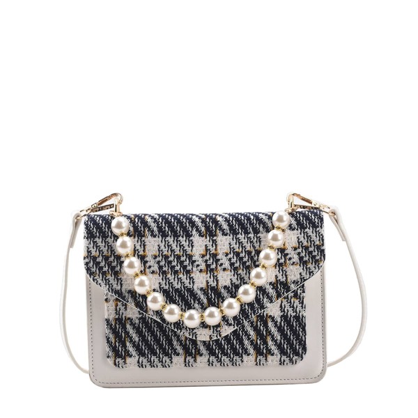 Plaid Pattern Faux Pearls Decor Crossbody Bag, Black