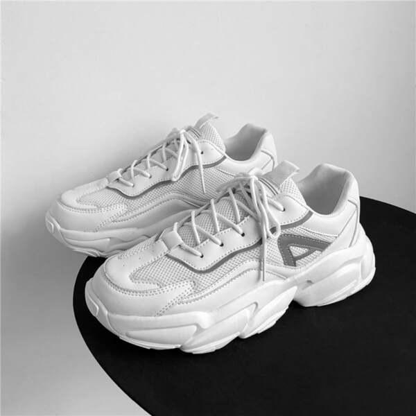 Men Lace-up Front Mesh Panel Chunky Sneakers, White