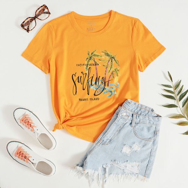 Letter And Tropical Print Tee, Yellow