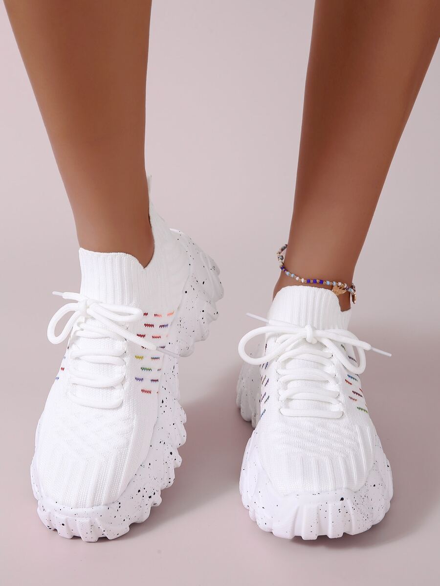 Striped Pattern Knit Detail Slip On Running Shoes, Women's White Athletic Shoes With Striped Shoelaces
