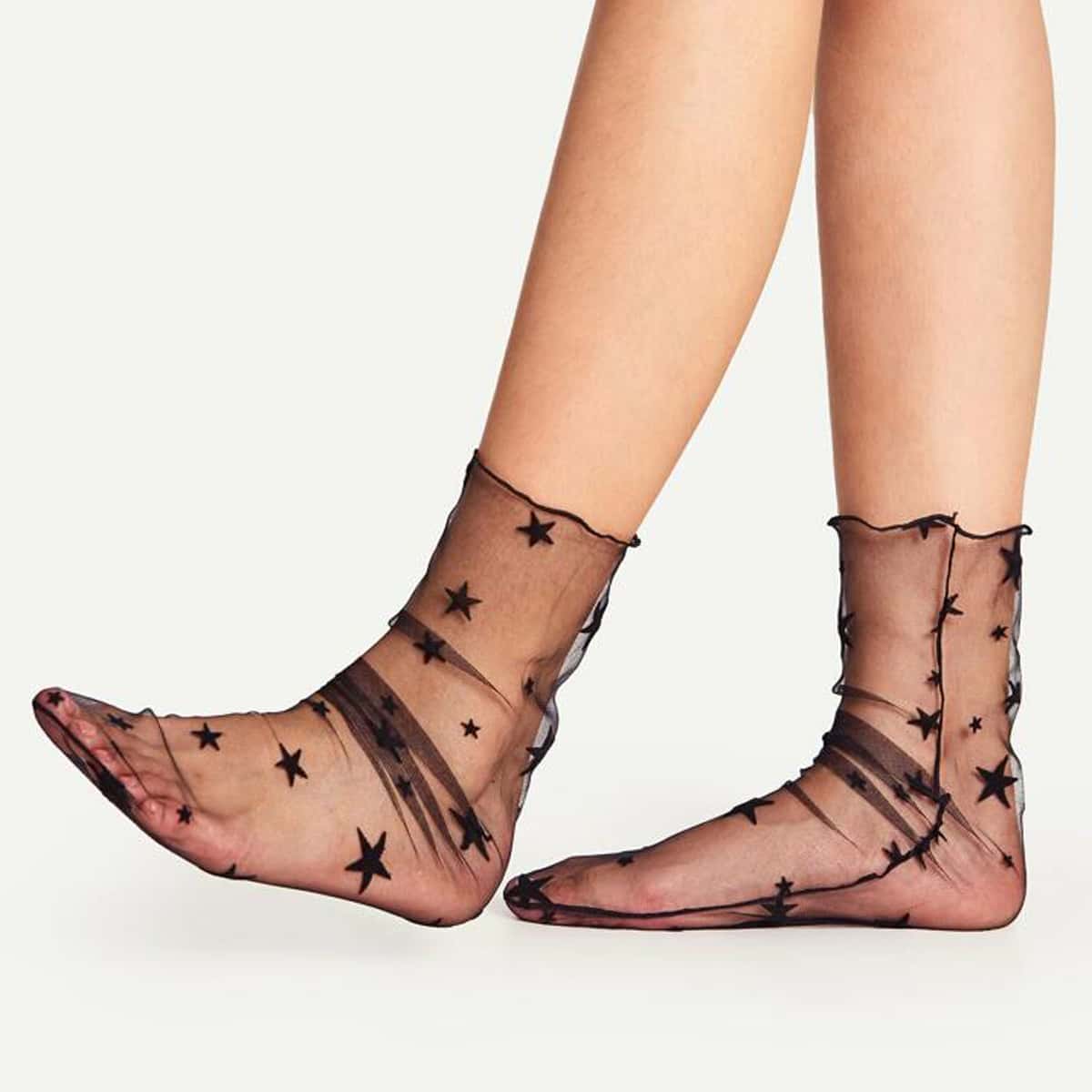 Star Pattern Mesh Crew Socks, Black 
Star Pattern Mesh Crew Socks, Black