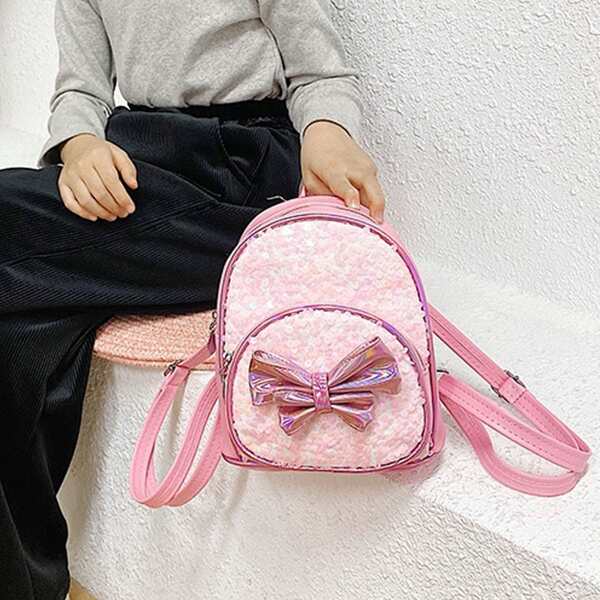 Girls Holographic Bow Decor Backpack, Baby pink