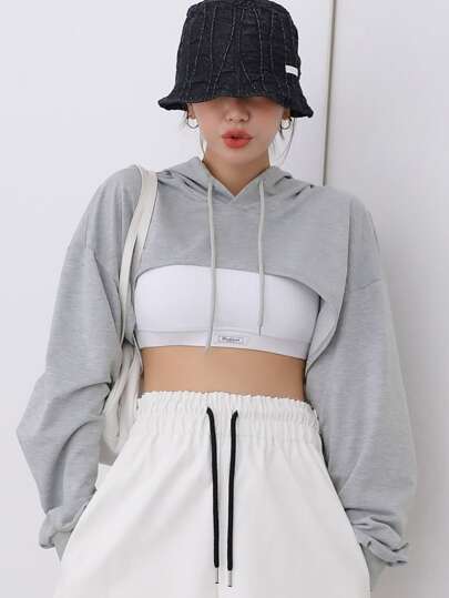 DAZY Drawstring High Low Solid Crop Hoodie