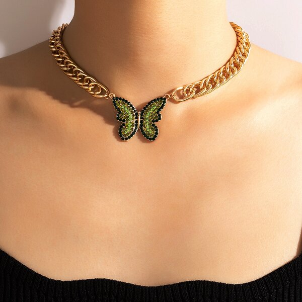 Rhinestone Butterfly Pendant Necklace, Gold