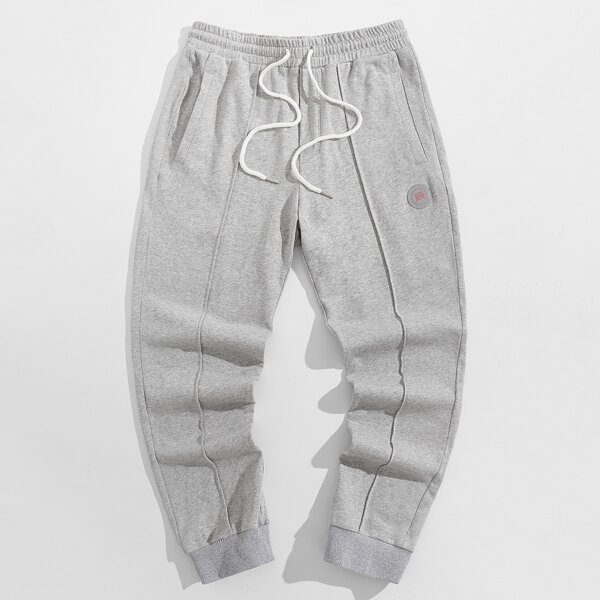 Men Patched Detail Drawstring Sweatpants, Light grey