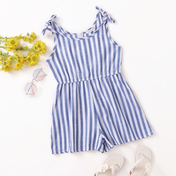 Girls Striped Print Knot Shoulder Romper, Blue and white