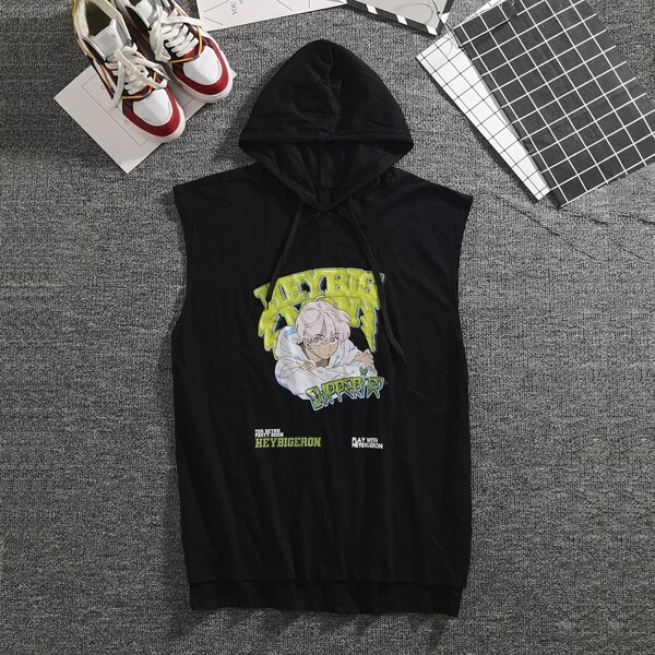 Men Figure Print Hooded Tank Top, Black