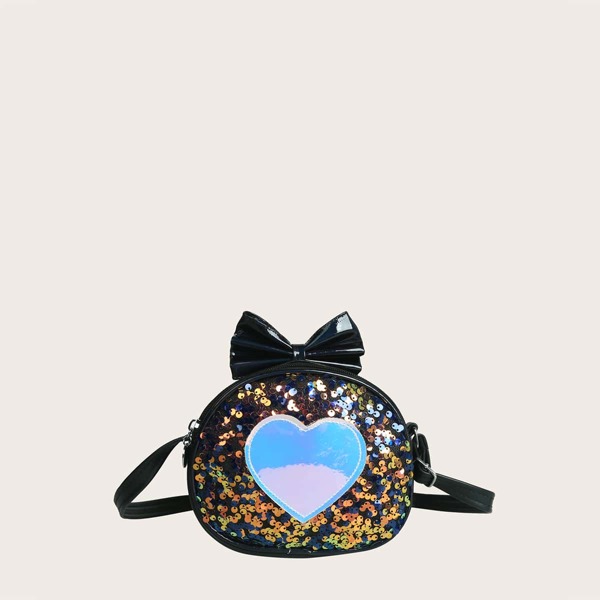 Girls Sequins & Bow Decor Crossbody Bag, Black