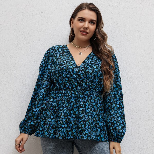 Plus Allover Floral Peplum Blouse, Blue