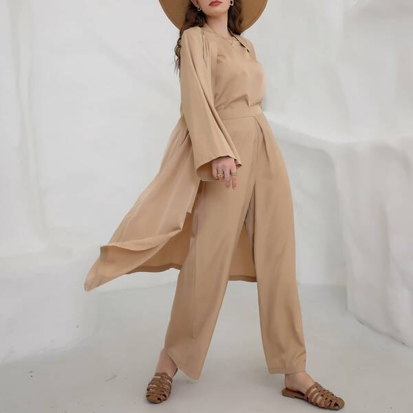 Solid Cami Top & Open Front Coat & Wide Leg Pants, Khaki