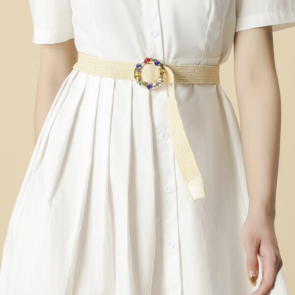 Round Buckle Woven Belt, Beige