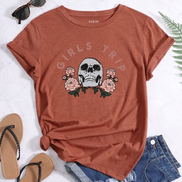 Floral & Skull Print Tee, Rust brown