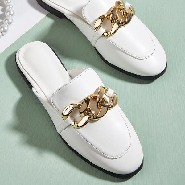 Croc Embossed Metal Decor Mules, White