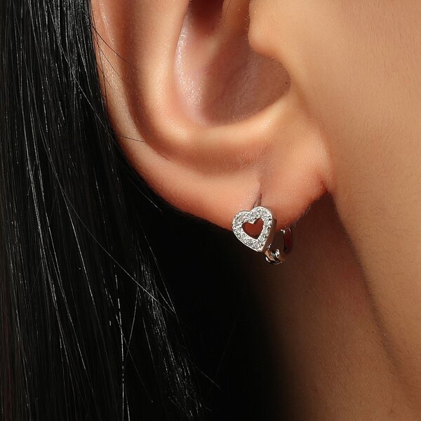 Zircon Decor Hoop Earrings, Silver