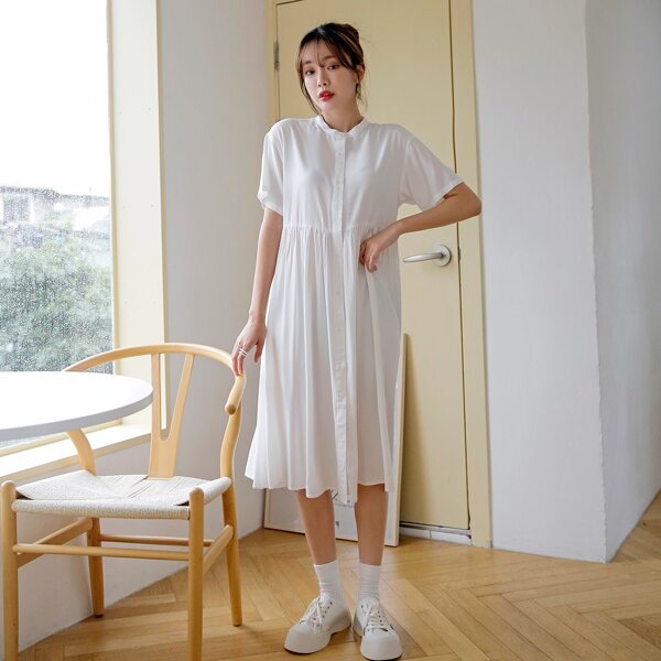 Half Button Solid Smock Dress, White