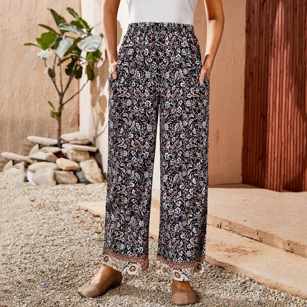 Plants Print Wide Leg Pants, Multicolor