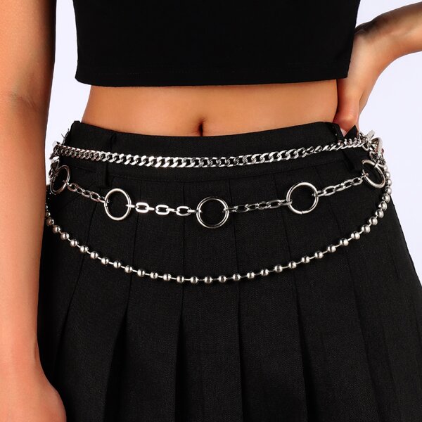 PU Leather & Layered Chain Belt, Black