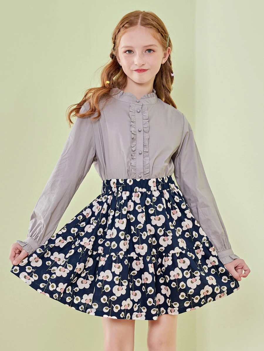 SOLOCOTE Botão Babado Simples Elegante Blusa - Menina