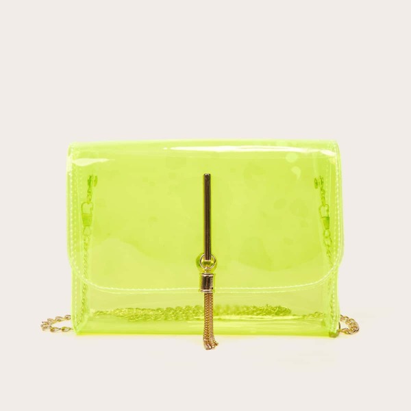Tassel Decor Clear Flap Square Bag, Green