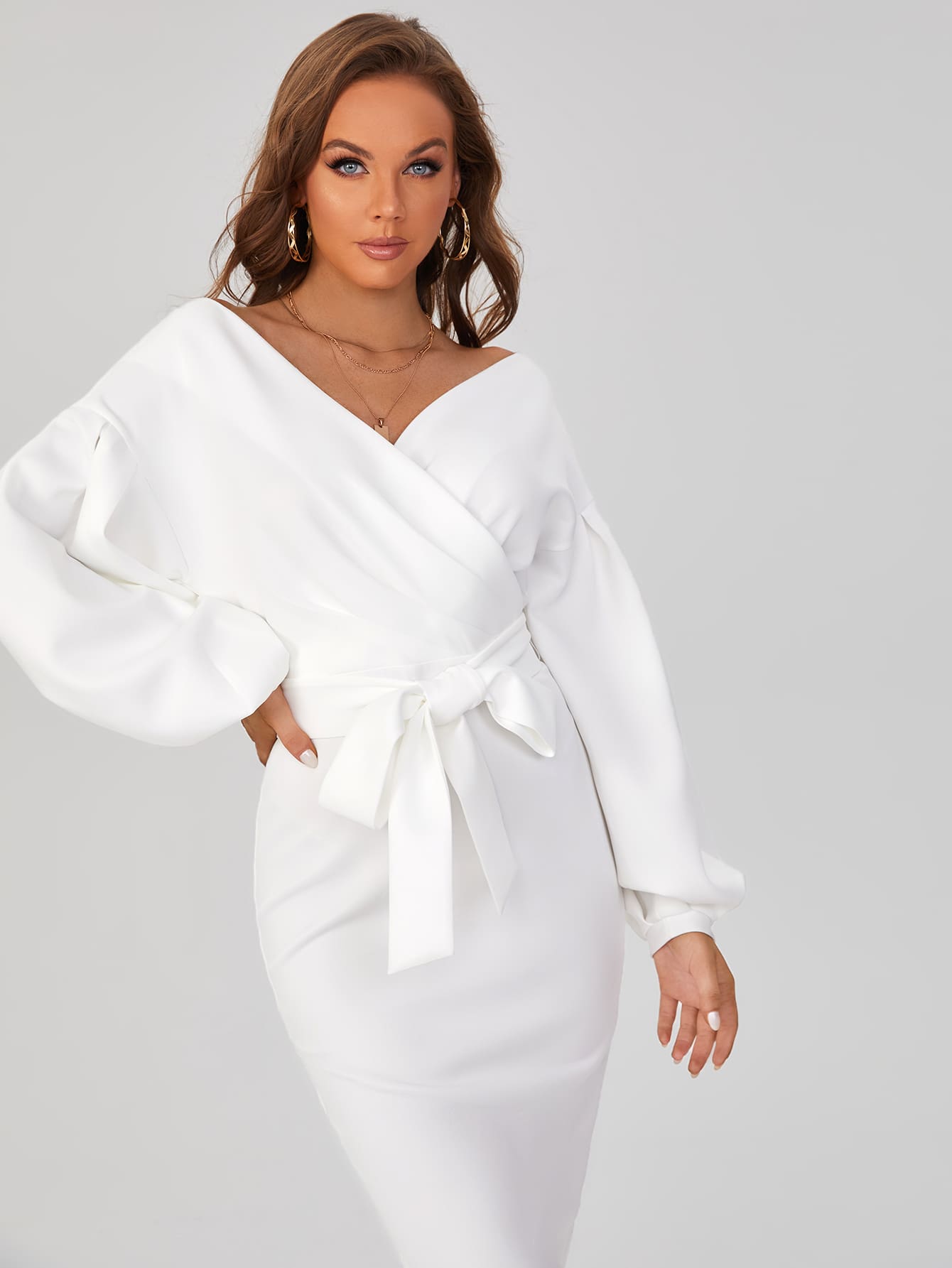 SHEIN Tall Surplice Neck Drop Shoulder Belted Dress
