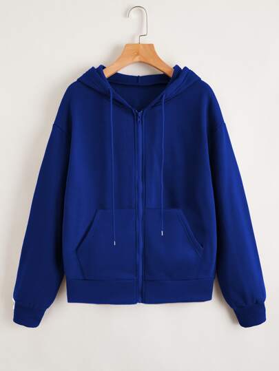 Zip Up Drop Shoulder Drawstring Hoodie