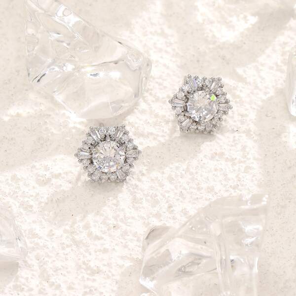 Zircon Geo Decor Earrings, Silver