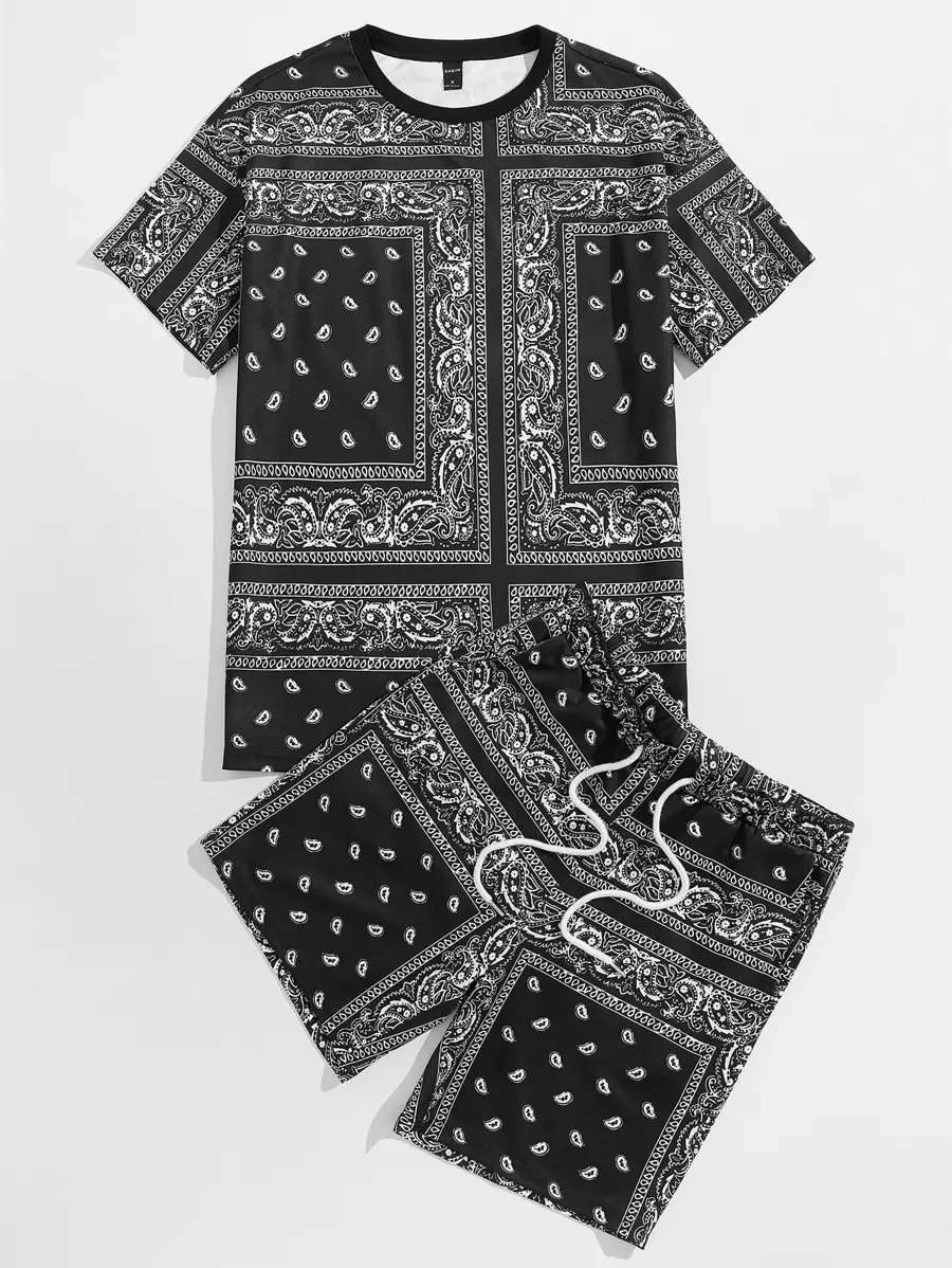 Manfinity VCAY Ensemble t-shirt et short à cordon homme ample avec imprimé cachemire
