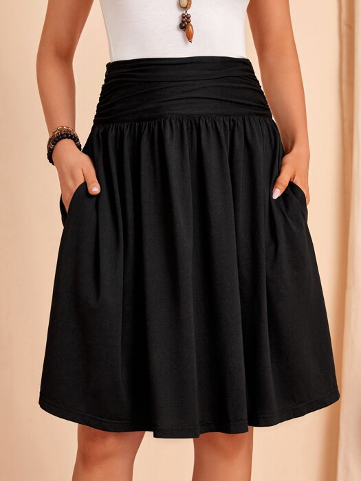 Ruched Wideband Waist Hidden Pocket Skirt