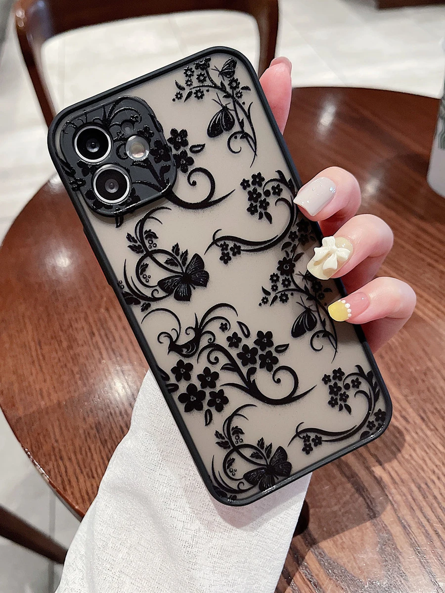 Contrast Frame Flower & Butterfly Print Phone Case