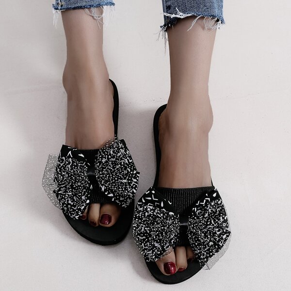 Bow Decor Slides, Black