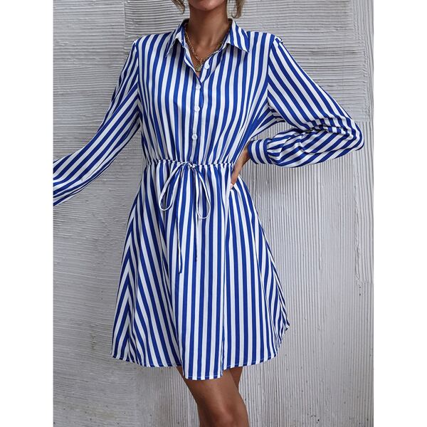 Striped Print Button Up Knot Front Shirt Dress, Blue and white
