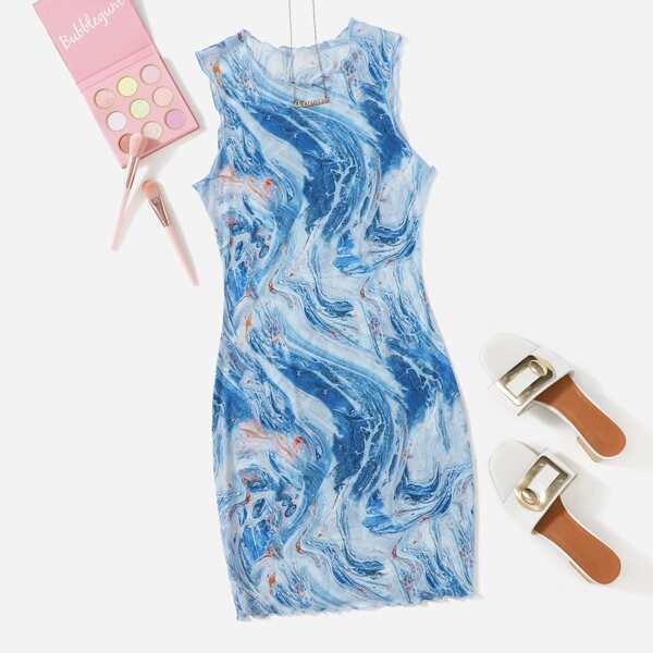 Marble Print Lettuce Trim Mesh Dress, Blue