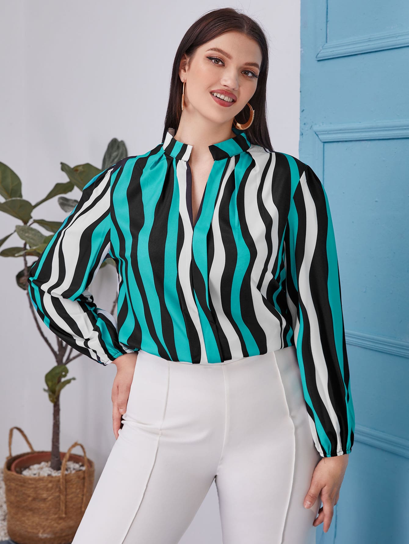 SHEIN Clasi Plus Striped Notched Blouse