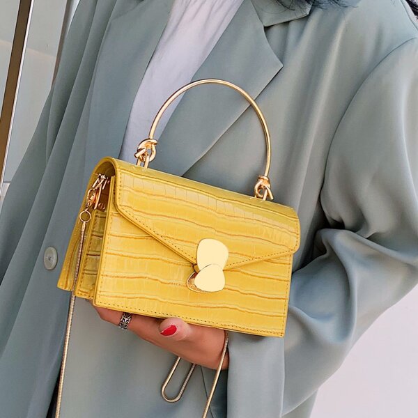 Croc Embossed Metal Decor Satchel Bag, Yellow