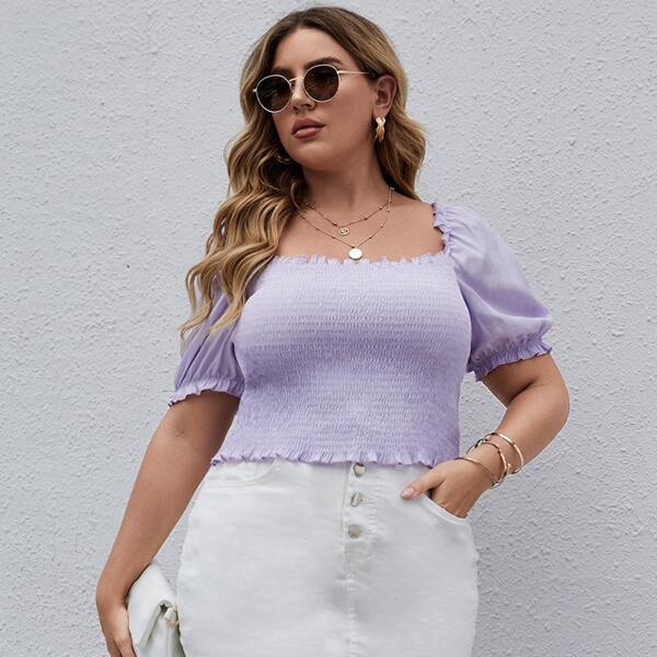 Plus Shirred Flounce Sleeve Top, Lilac purple
