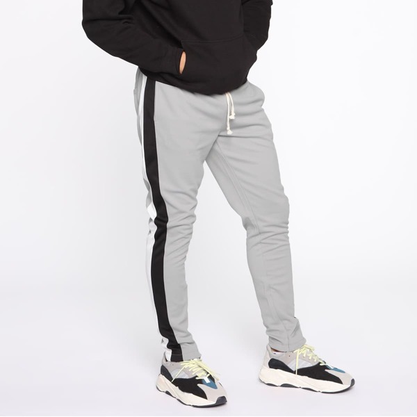 Men Contrast Panel Drawstring Sweatpants, Light grey