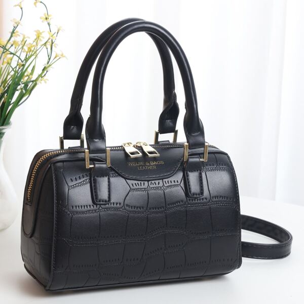 Croc Embossed Boston Bag, Black