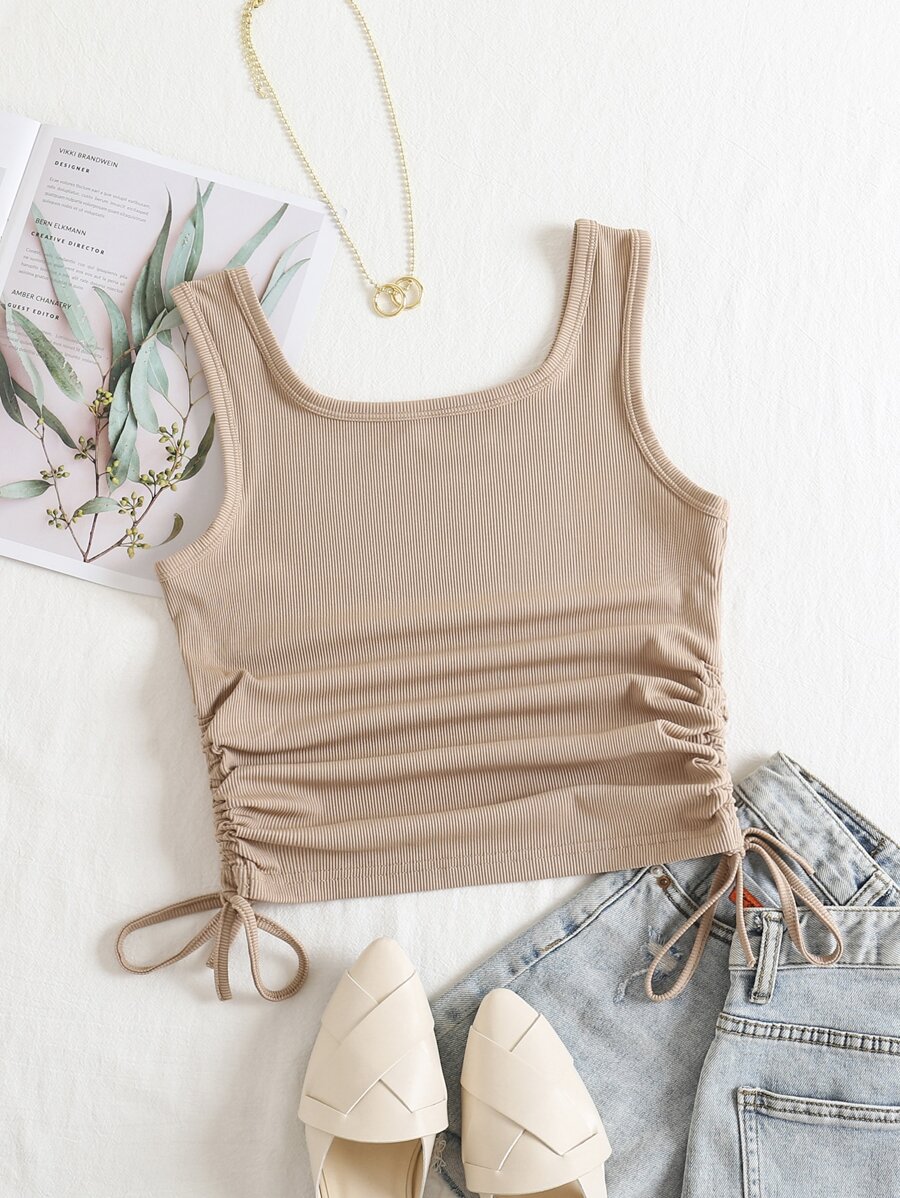 INAWLY Solid Drawstring Side Tank Top