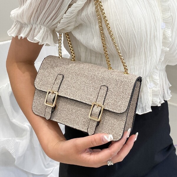 Buckle Detail Flap Square Bag, Khaki