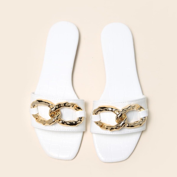 Metal Decor Slide Sandals, White