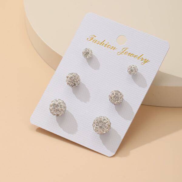 3pairs Rhinestone Round Stud Earrings, White